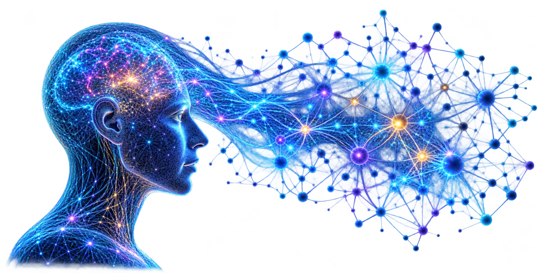 Neural human profile flowing into a connected network.